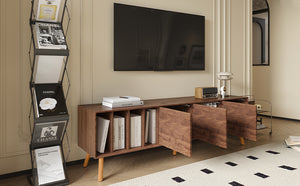 English Elm 70" Mid-Century Modern TV Stand with Lattice Wood Grain, 3 Cabinets & 4 Open Shelves, Walnut Elegance N710P222773P