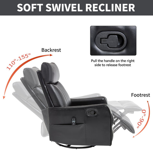 English Elm Blue Fabric Swivel Rocker Recliner with Massage Heat Nodes for Living Room Comfort Black Pu W1803P321812