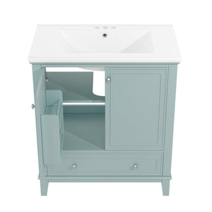 English Elm 30" Bathroom Vanity with Sink — Modern Freestanding 30" Cabinet with Ceramic Top, Drawer, Doors, Shelf Green N725P221263C