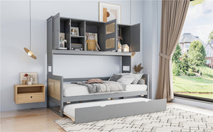 English Elm Twin Size Wooden Daybed With Trundle, Integrated Storage Cabinet & Shelves In Elegant Gray Finish N820S00048E-GIGA