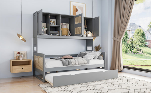 English Elm Twin Size Wooden Daybed With Trundle, Integrated Storage Cabinet & Shelves In Elegant Gray Finish N820S00048E-GIGA