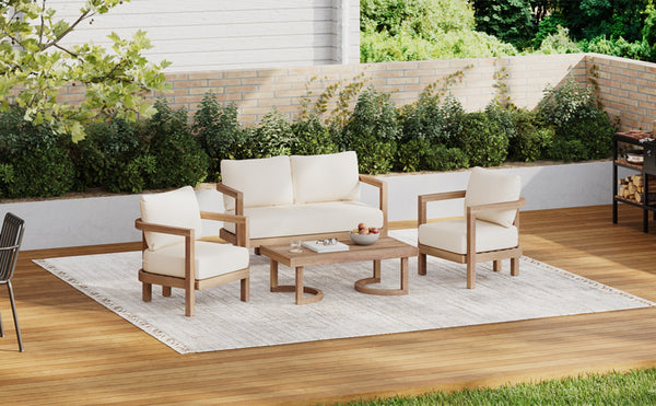 English Elm Christopher Knight Home® - 4-Pieces Acacia Wood Patio Set with Plush Beige Cushions, Coffee Table, Durable Outdoor Seating (97) N780P7230307