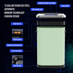 English Elm 50L Smart automatic Trash Can with Silent Slow-Close Lid, Motion Sensor, Durable 0.45mm Steel Body Mint Green W1550P247982