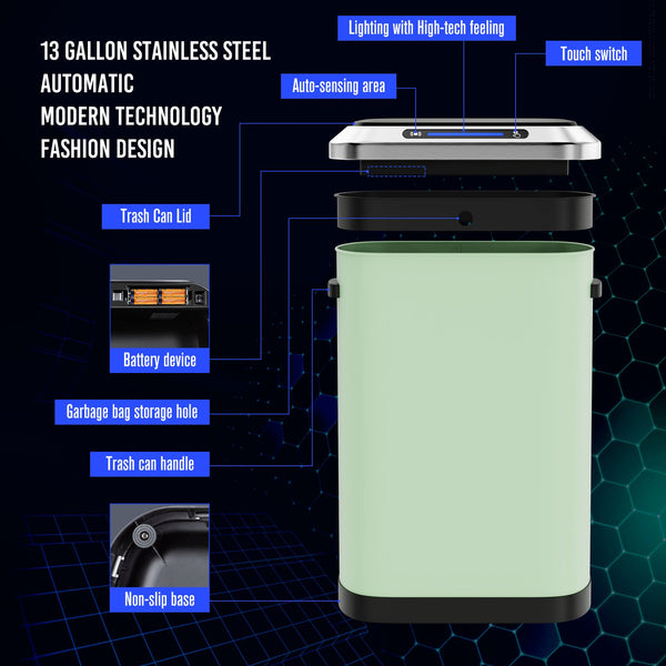 English Elm 50L Smart automatic Trash Can with Silent Slow-Close Lid, Motion Sensor, Durable 0.45mm Steel Body Mint Green W1550P247982