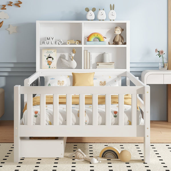 English Elm Twin Chalkboard Platform Bed with Drawers & Shelves, Solid Wood Kids Bed with Storage and Creative Headboard White W1580P362704