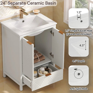 English Elm Christopher Knight Home® - 24 24-Inch Bathroom Vanity with Ceramic Sink, Textured Panels, Soft-Close Drawer & Large Storage White N817P339017K