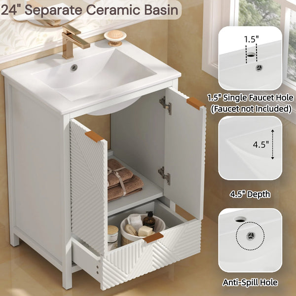 English Elm Christopher Knight Home® - 24 24-Inch Bathroom Vanity with Ceramic Sink, Textured Panels, Soft-Close Drawer & Large Storage White N817P339017K