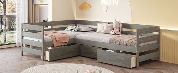English Elm Twin L-Shaped Platform Bed with Three Spacious Drawers, Solid Pine & MDF, Clean-Lined Design Gray N7090000468E