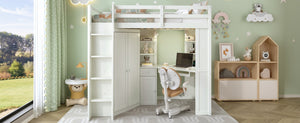 English Elm Twin Loft Bed with Wardrobe Desk Charging Station and Spotlights for Small Rooms Beige White LT000450AAK