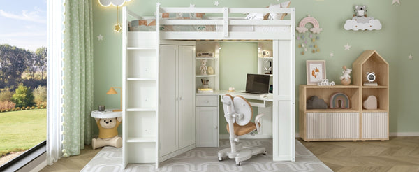English Elm Twin Loft Bed with Wardrobe Desk Charging Station and Spotlights for Small Rooms Beige White LT000450AAK