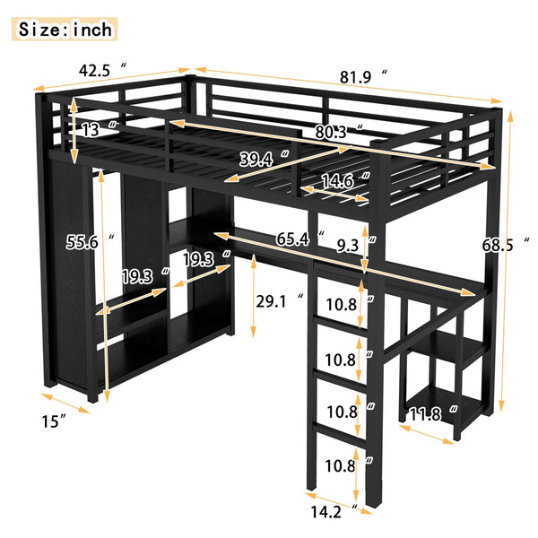 English Elm Twin Xl Loft Bed Frame With Desk & Wardrobe, Space-Saving Metal Design With Storage Shelves, Black W1580S00119-GIGA