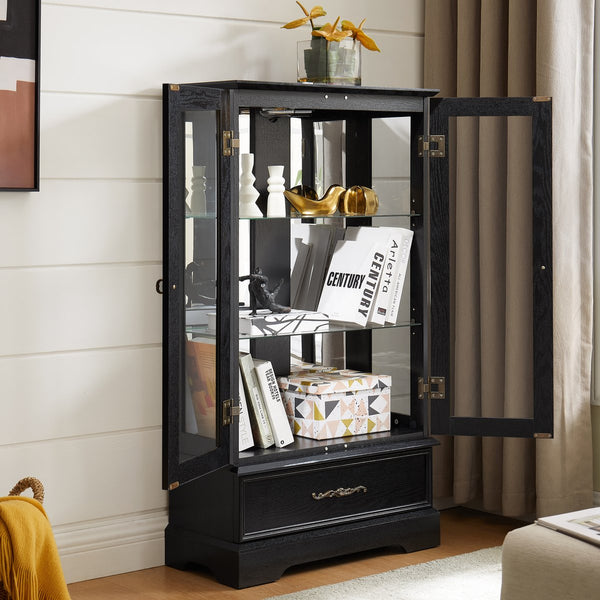 English Elm Lighted Curio Cabinet With Adjustable Shelves & Built-In Drawer - Elegant Display With Lighting, Black W1758P297549