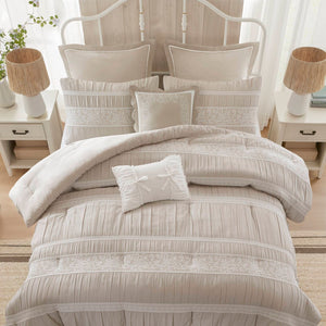 English Elm 7-piece Queen Jacquard Comforter Set Lace Accents Chambray Cottage Farmhouse Bedding Neutral B035P482888