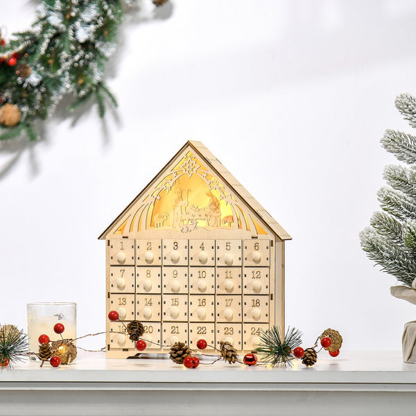 English Elm Homcom Light-Up Wooden Advent Calendar With Nativity Scene, 24 Countdown Drawers For Holiday Cheer W2225P249696