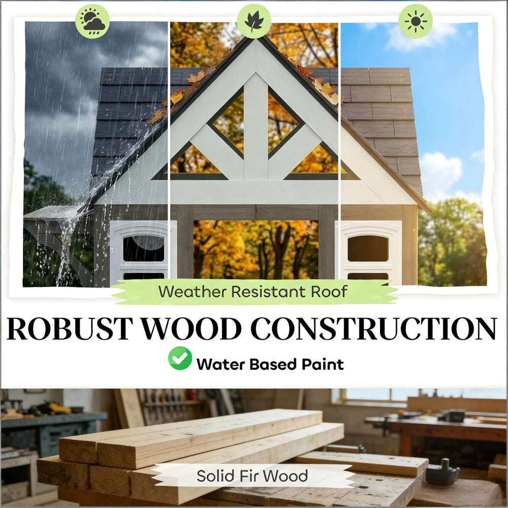 English Elm Imaginative Fir Wood Outdoor Kids Playhouse with Stove Set Flower Boxes and Pet Door T3971P491772