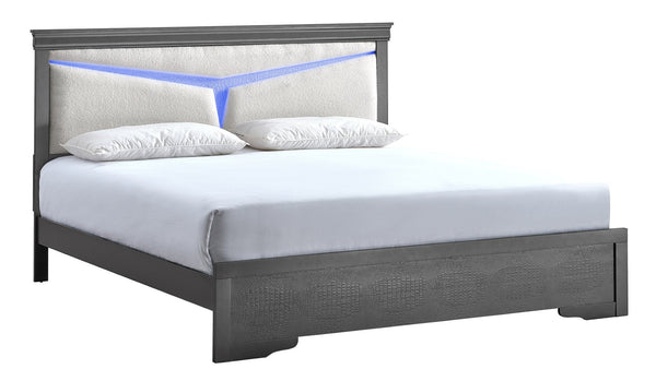 English Elm Lorana Queen Upholstered Bed Plush Teddy Fabric Headboard with Built-in Led Ambient Glow Gray B078S00665