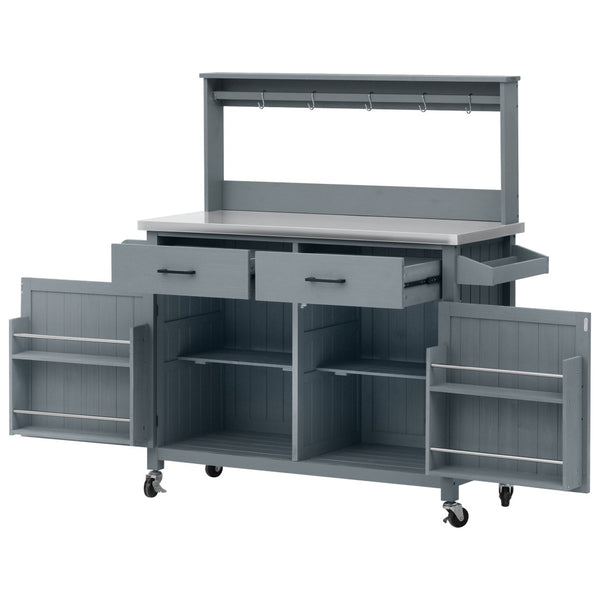 English Elm K&k Solid Fir Grill Cart Stainless Steel Top Outdoor Kitchen Station with Locking Wheels Grey+Blue N707P409087G