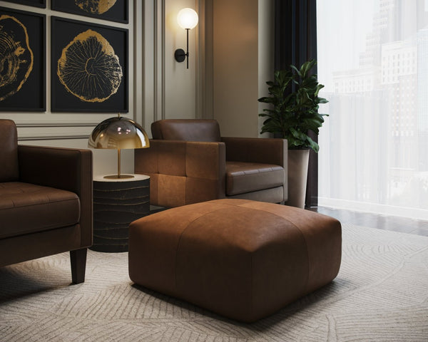 Sunpan ELIO Ottoman in Rich Cognac Leather - Timeless Italian Craftsmanship for Versatile Living Spaces 111265