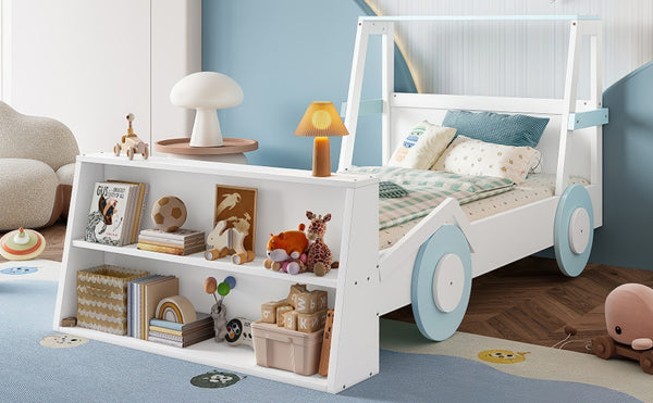 English Elm Twin Pine Treehouse Floor Bed with Padded Rails and Cabin Roofline for Kids White+Blue W1580S00470