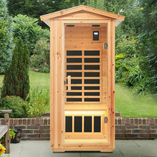 English Elm One Person Outdoor Far Infrared Sauna Aged Fir Wood Spa with Led Audio Panel W632S00013