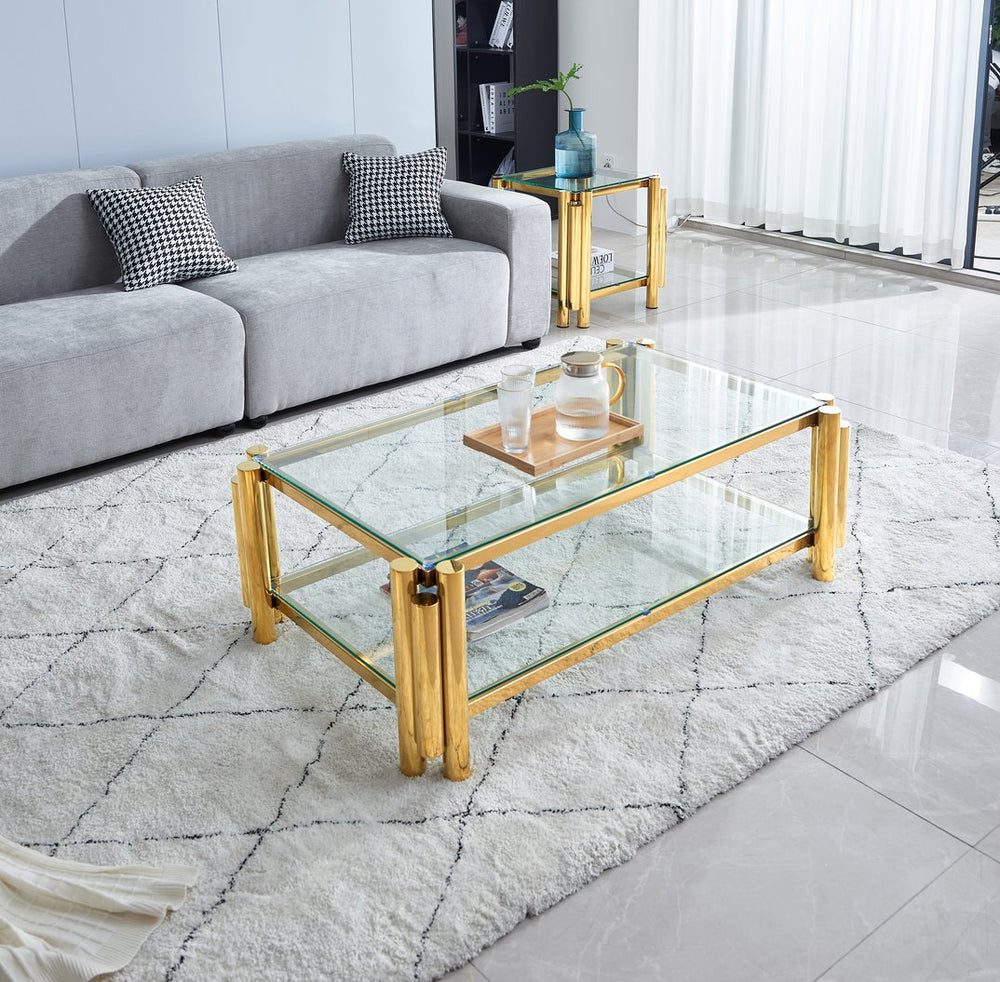 English Elm 47" Modern Stainless Steel Coffee Table With Clear Glass Top & Two-Tier Storage For Home Or Office W2978S00005