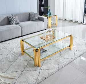 English Elm 47" Modern Stainless Steel Coffee Table With Clear Glass Top & Two-Tier Storage For Home Or Office W2978S00005
