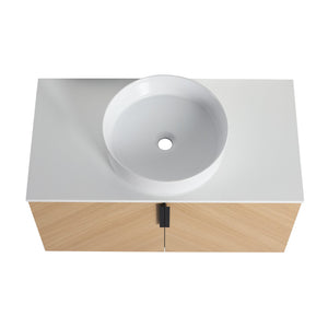 English Elm 36" Modern Wall-Mounted Bathroom Vanity With Ceramic Vessel Sink & Soft-Close Doors For Stylish Space W999S00448