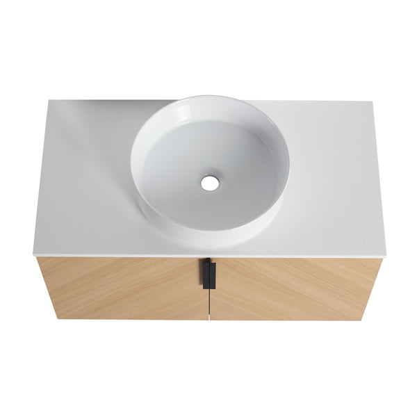 English Elm 36" Modern Wall-Mounted Bathroom Vanity With Ceramic Vessel Sink & Soft-Close Doors For Stylish Space W999S00448