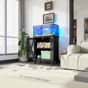 English Elm 20 Gallon Fish Tank Stand with Built-In Power Outlets & USB, Farmhouse Style Aquarium Cabinet with Adjustable Shelves and Heavy-Duty 298lb Tabletop Capacity Black N704P350196B