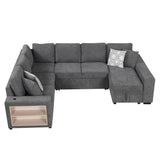 English Elm 109" U-Shaped Sectional Sofa Pull-Out Sofa Bed With Two Usb Ports, A Storage Chaise Lounge and Four Back Pillows For Living Room, Grey