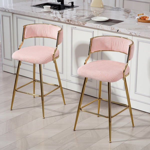 English Elm (SET of 2) 26'' Counter Height Bar Stools Pink Corduroy with Back Cushion, Gold Chrome Base & Footrest W2215P290561
