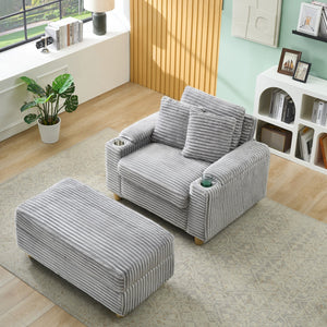 English Elm Grey corduroy single sofa with ottoman storage, built-in armrest compartments, washable covers, 500lb capacity W1658S00139