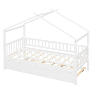 English Elm Twin House Bed with Trundle Solid Pine Frame Walnut Kids Bedroom Sleepover N708P357115K