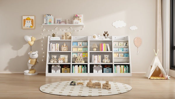 English Elm White Wooden Toy Storage Organizer Cabinet with 4-Tier Sling Bookcase for Kids Montessori Rooms W2876P233536