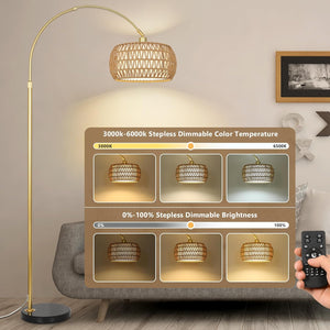 English Elm Gold Boho Floor Lamp with Remote Dimmable LED, Dual Rattan & Fabric Shades, Adjustable Arc Light Brown+Black W2738P185418