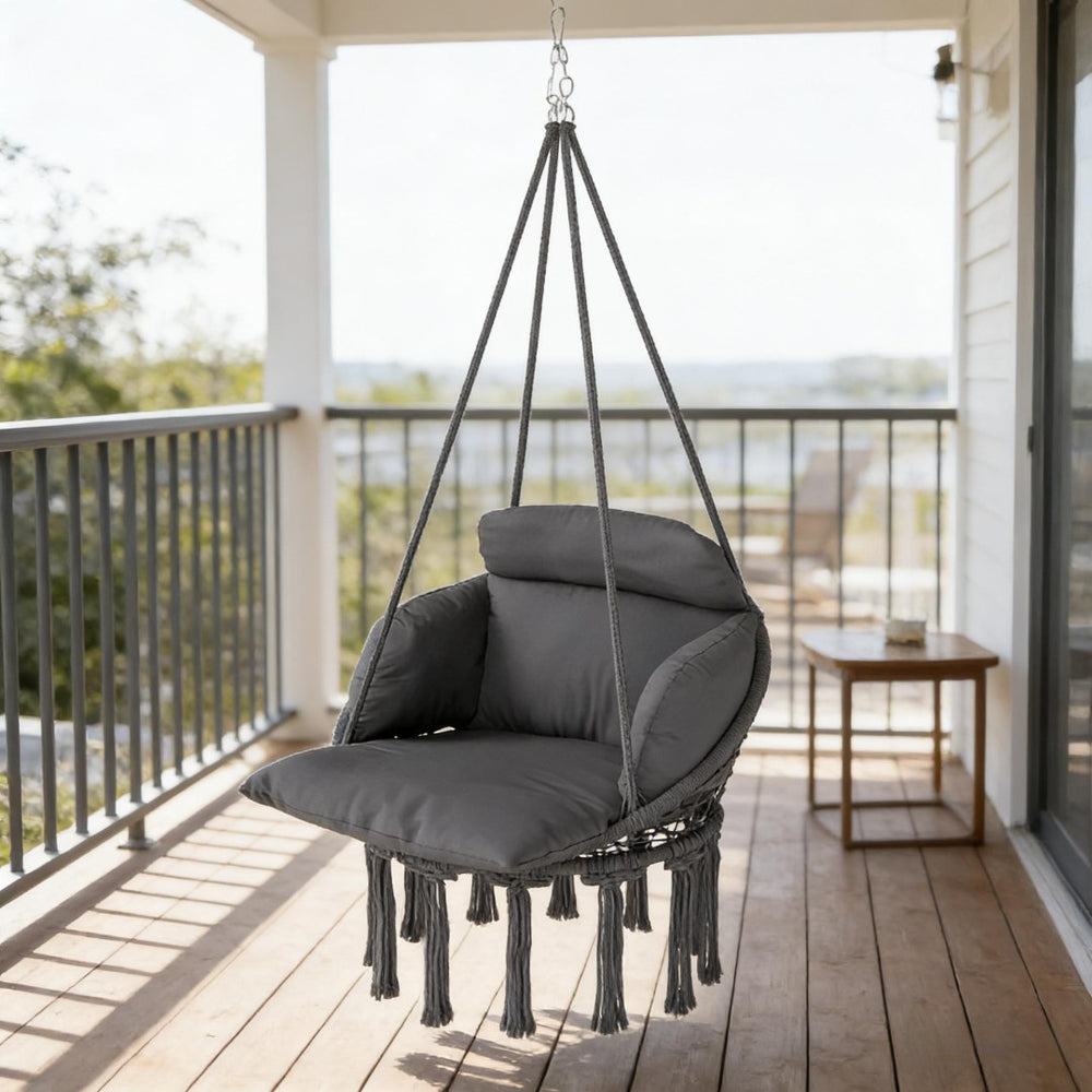 English Elm Hanging Hammock Swing Chair Boho Fringe Cushioned Seat for Patio or Indoor Use T3971P445668