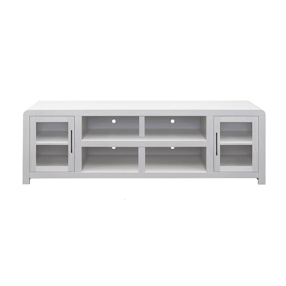 English Elm Haven 82" TV Stand with Glass Doors & Cable Management, Oak Veneer, Fully Assembled White Finish B108P364416