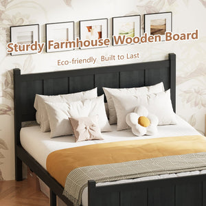 English Elm Twin Platform Bed Vertical Slat Headboard Farmhouse Shaker Wood Grain Finish Bedroom Black N733P422479E