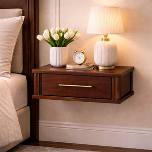 English Elm Solid Wood Floating Nightstand with Brass Hardware Handcrafted Bedroom Wall Shelf B182P490931