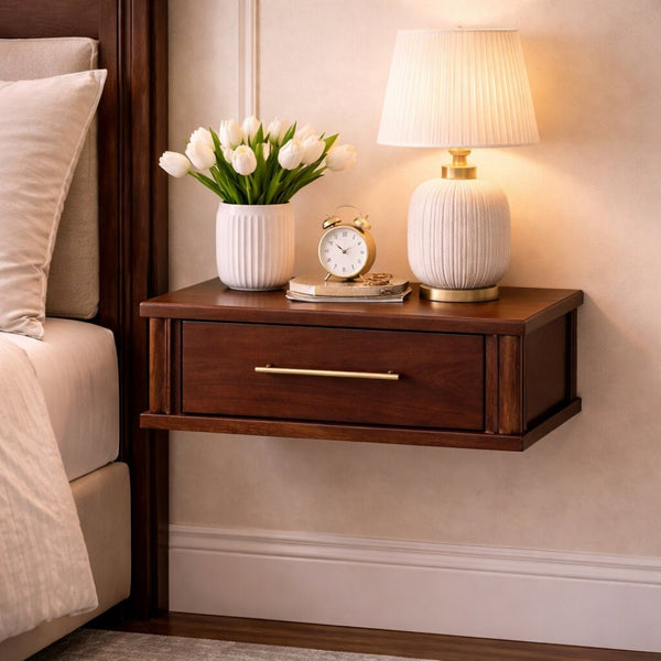 English Elm Solid Wood Floating Nightstand with Brass Hardware Handcrafted Bedroom Wall Shelf B182P490931