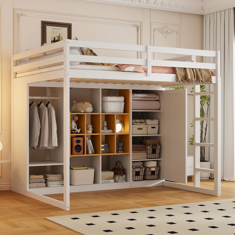 English Elm Twin Loft Bed with Wardrobe Shelves and Cabinet Kids Bedroom Wood Storage Frame Yellow+White N708S00024K
