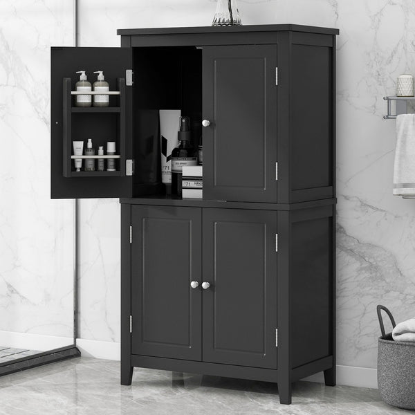 English Elm Elegant Bathroom Floor Storage Cabinet with 4 Doors, Adjustable Shelves, Anti-Tip Design, 28"L x 15"W Black N725P188461B