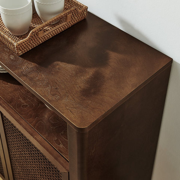 English Elm 63" Mid Century Modern Rattan Sideboard Buffet Cabinet with Adjustable Shelves, Durable Craftsmanship and Outlet Access for Living Room Storage and TV Console Walnut W1801P371658