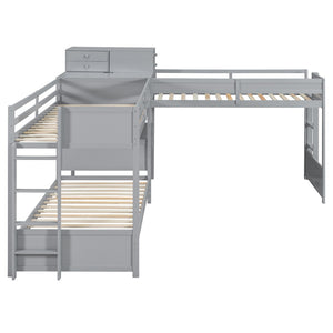 English Elm Twin L-shaped Bunk Bed Pine Wood Corner Design with Desk Drawers and Usb Charging Gray N820S00079E