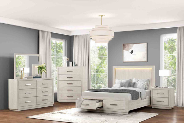 English Elm King Platform Bed Set with Led Headboard Oak Veneer Storage and Two Nightstands B2741S00863