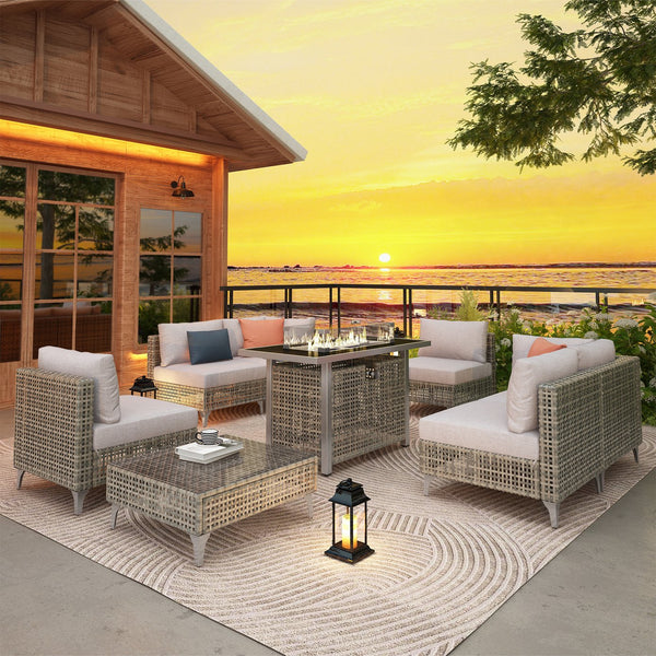 English Elm K&K 8-Piece Patio Conversation Set with 43" 60,000 BTU Propane Fire Pit, UV Wicker & Thick Cushions Grey N707S000012G