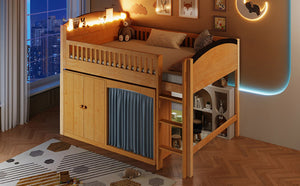 English Elm Twin Loft Bed with Wardrobe Cabinet Led Lighting and Pine Frame for Kids Rooms Wood N7090002235M