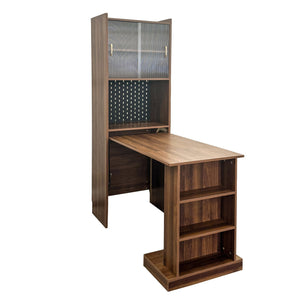 English Elm Folding Wall-Mount Desk with Shelves and Pegboard, Space-Saving Foldable Workstation for Small Rooms W331S00199