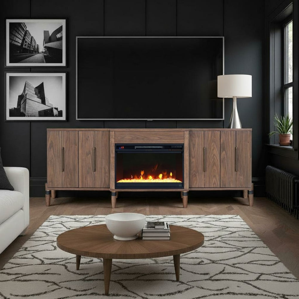 English Elm Tranquility Walnut Fireplace Tv Stand with Mid-century Legs Fits Tvs up to 90 Inches B108P411438
