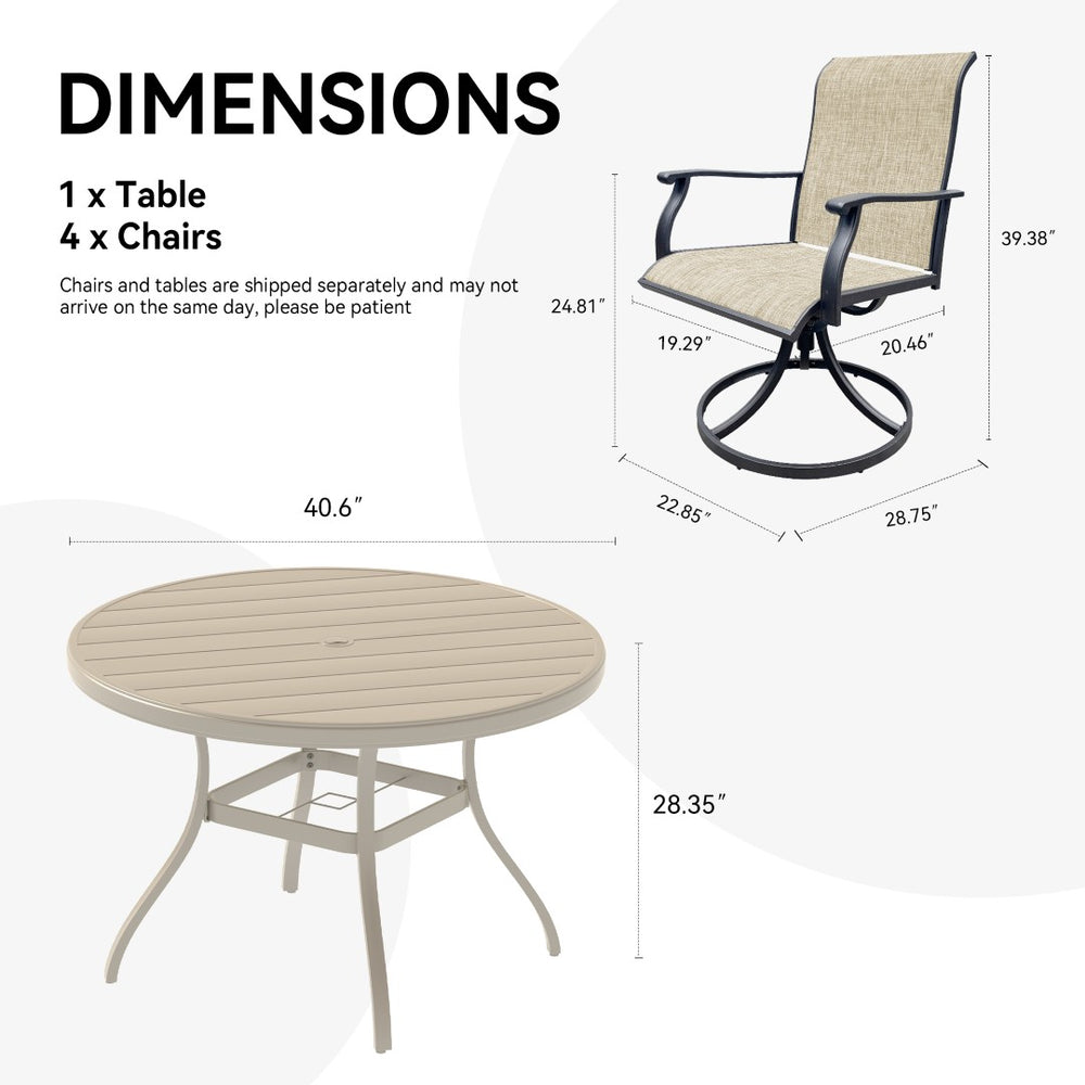 English Elm Outdoor Round Patio Dining Set Seats Four with Swivel Mesh Chairs and Umbrella Table W213S00059